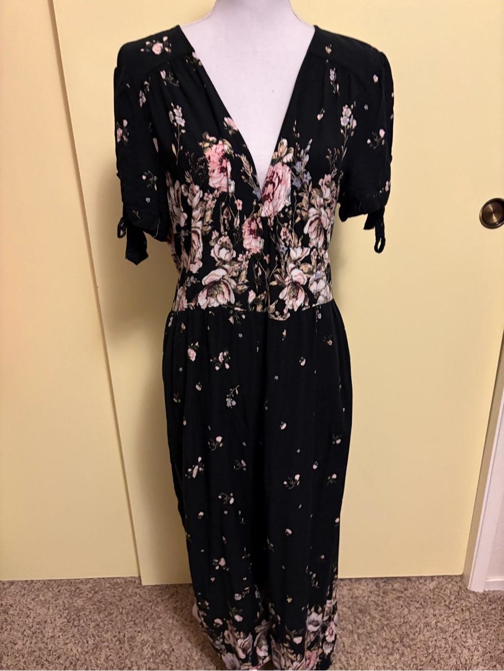 Xhilaration Black Floral V-Neck Jumpsuit with Pink and Cream Flowers